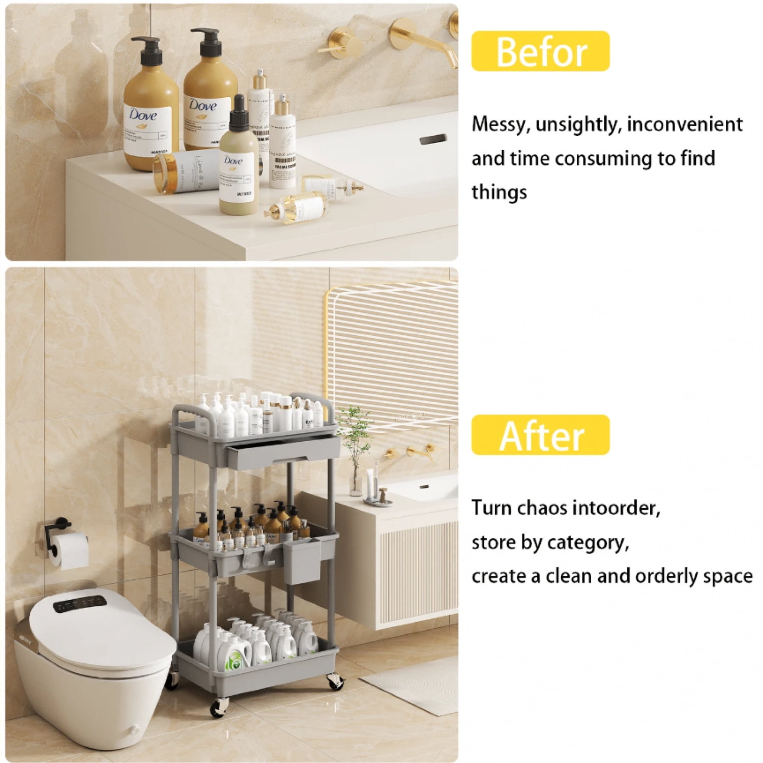 NTGFU 3 Tier Rolling Storage Cart with Drawers Rolling Utility Cart with Drawers,Room Decor,Bathroom Decor,Rolling Utility Cart Rolling Storage Organizer Tool for Kitchen,Light Grey