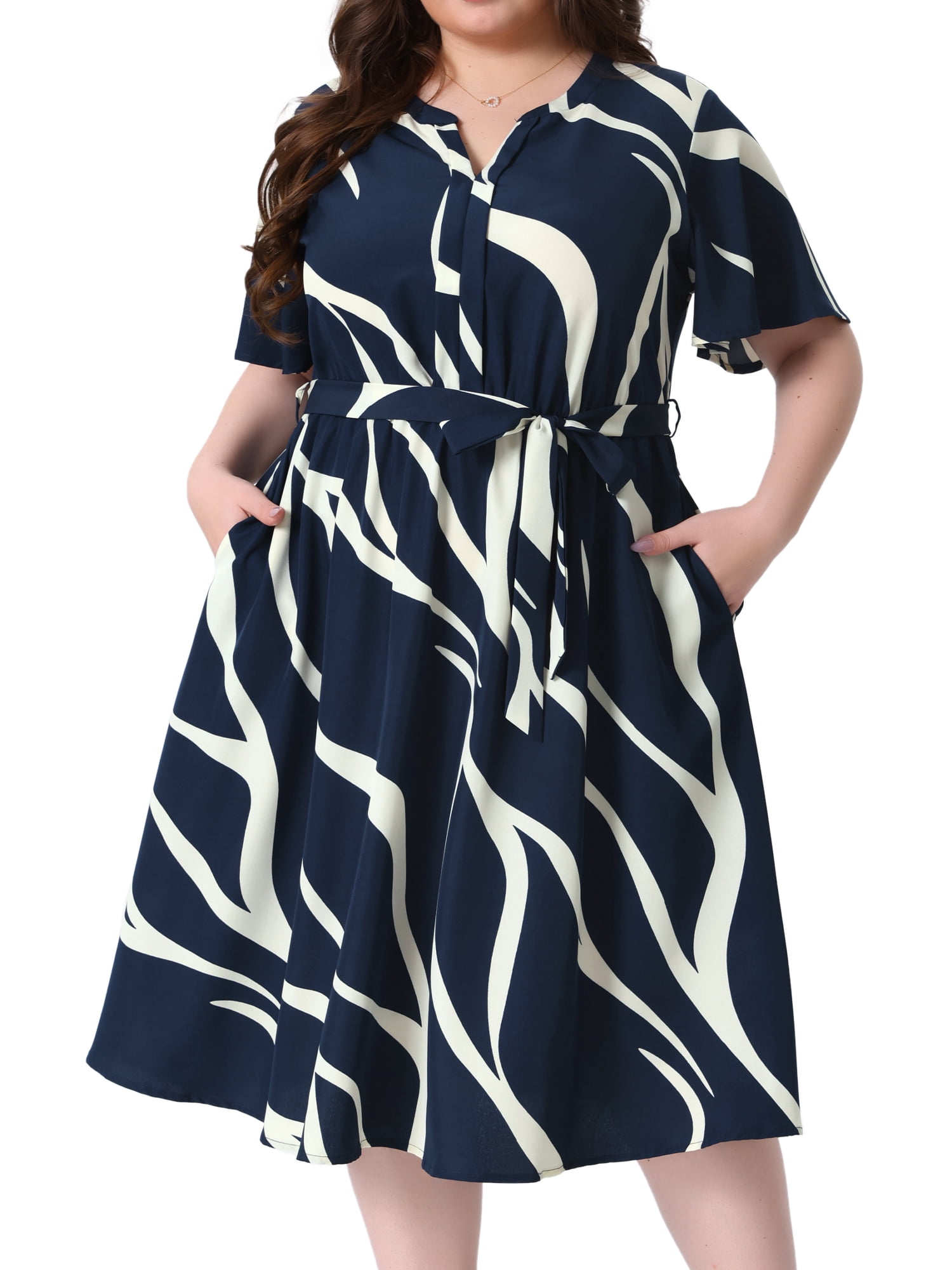 DARING DIVA Women's Plus Size Short Sleeve Notched V Neck Midi Dress 4X Royal Blue