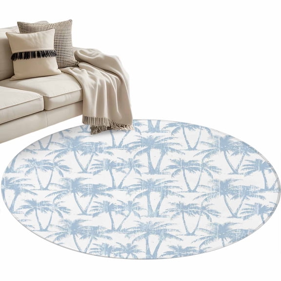 Summer Blue Palms Round Area Rugs 3 ft, Nautical Coastal Boho Beach Watercolor Light Blue Tree Washable Small Area Rug with Non-Slip Sturdy Edge Binding Round Front Door Mat Floor Carpet for Entryway