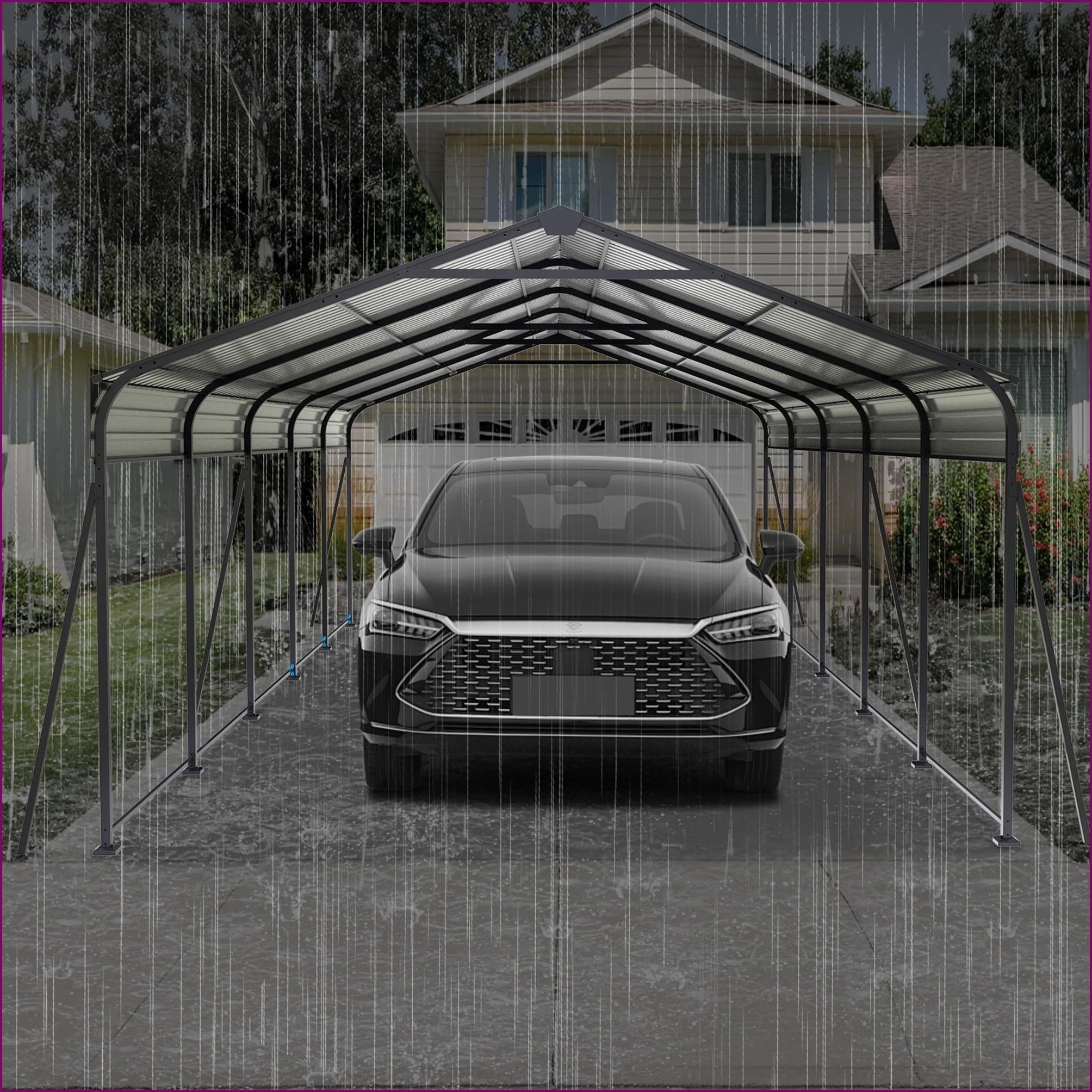 Carports | Modern 13 × 26.5 FT Heavy Duty Galvanized Steel Shelter for Cars Boats Outdoor Events, Slate Gray | Gray | Steel
