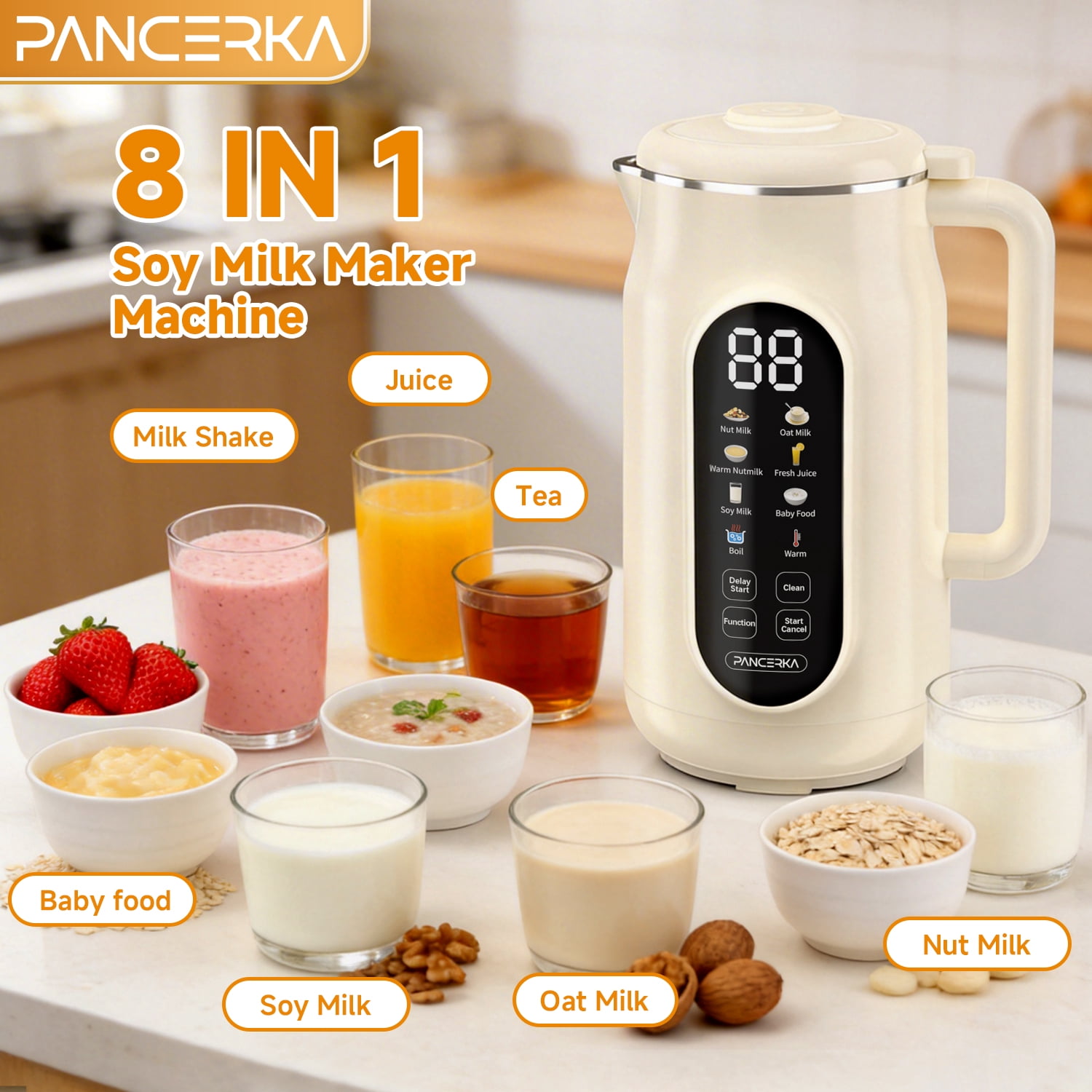 PANCERKA 8 in 1 Nut Milk Maker Machine, 42oz Almond Milk Maker, Soy Milk Maker with Self-Cleaning, Delay Start, Keep Warm, Boil Water, Automatic Plant-Based Milk Blender for Soybean, Oat, Coconut