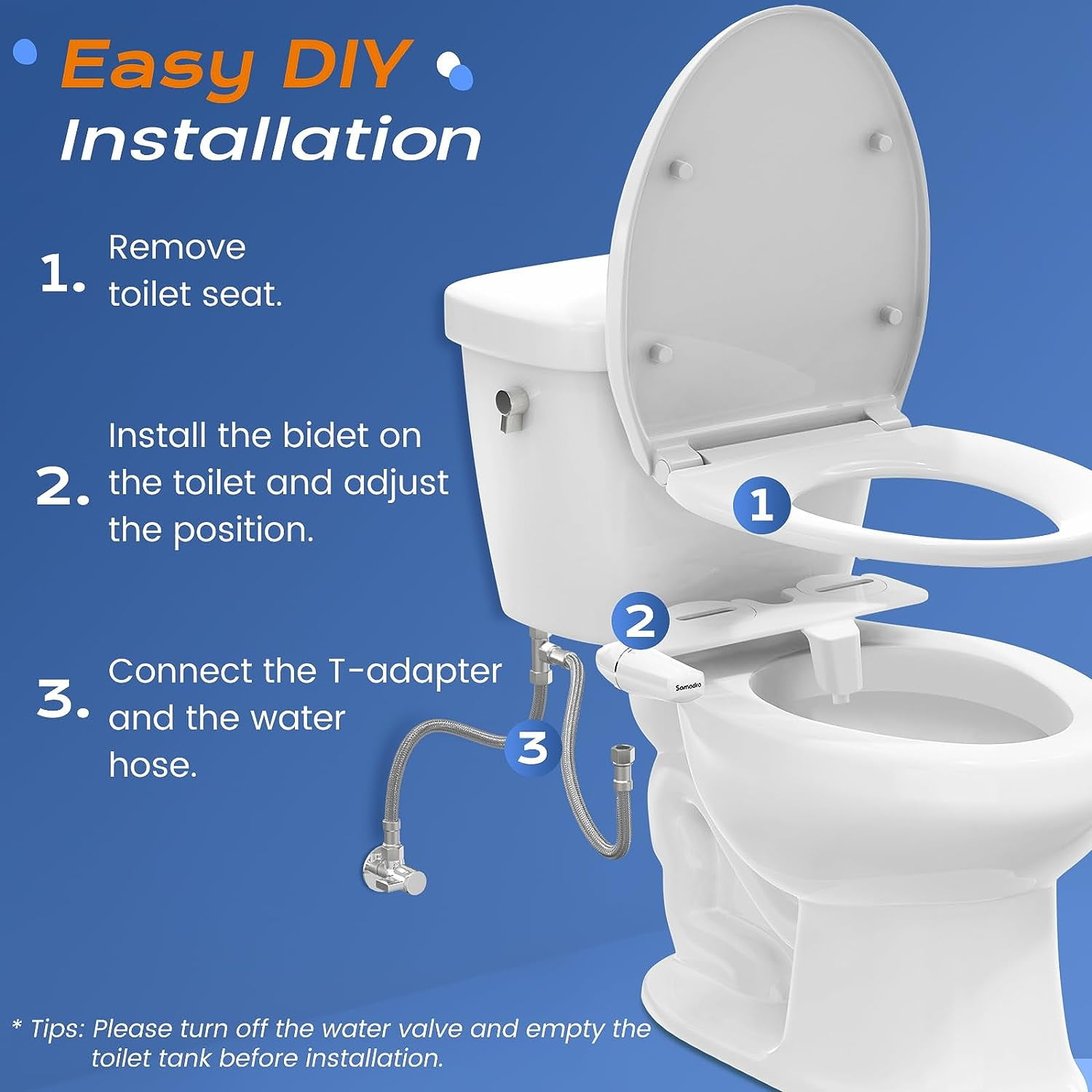 SAMODRA Self Cleaning Bidet for Toilet, Ultra-Slim Single Nozzle Bidet  Attachment for Toilet with Adjustable Water Pressure, Fresh Water  Non-Electric Bidet，Minimalist Bidet Ease of Use 