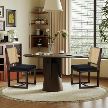 Farmhouse Rattan Dining Chairs Set of 2, Mid-Century Modern Kitchen Dining Room Chairs with Boho Cane Back & Wood Frame in Walnut, Accent Side Chair for Living Room, Black Linen Upholstered