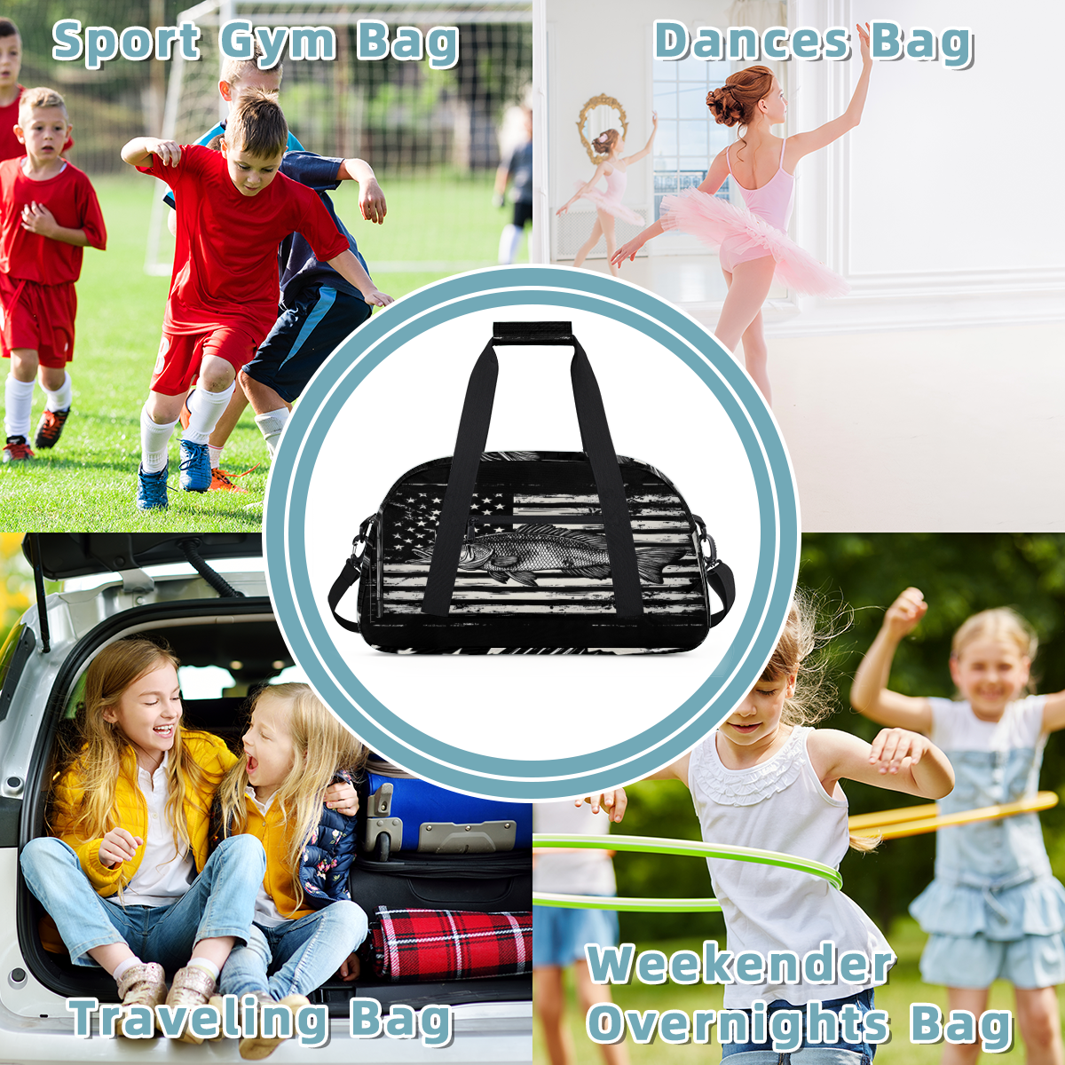 Herdesigns American Flag Sports Duffle Bags Travel Duffle Bag Gym Bag Bass Fish Weekender Travel Bag Waterproof Overnight Bag Carry On Travel Tote Bag Dance Bags