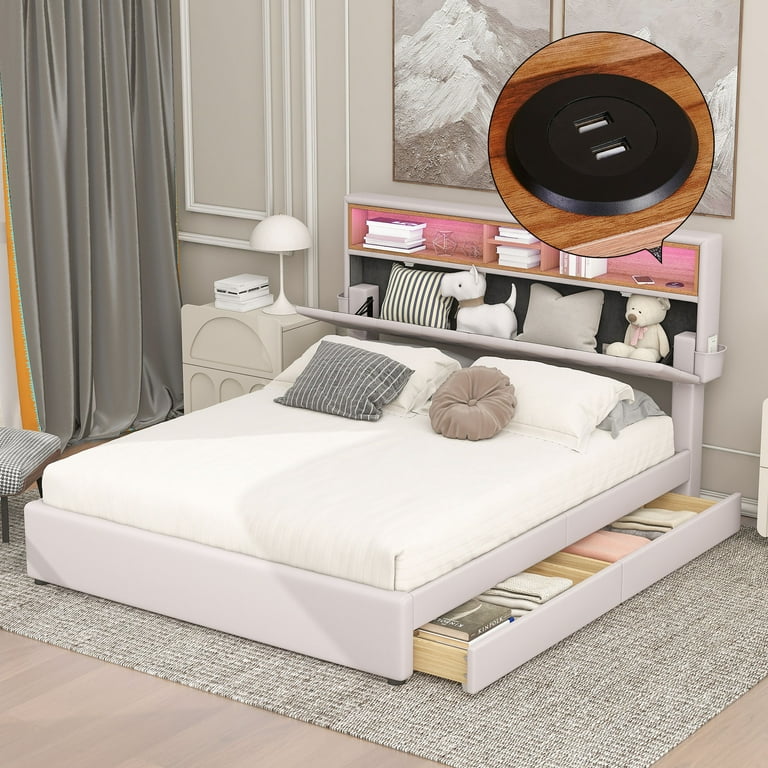 Euroco Adult Queen Modern Upholstered Standard Bed with Charging Port and Drawers Beige Walmart