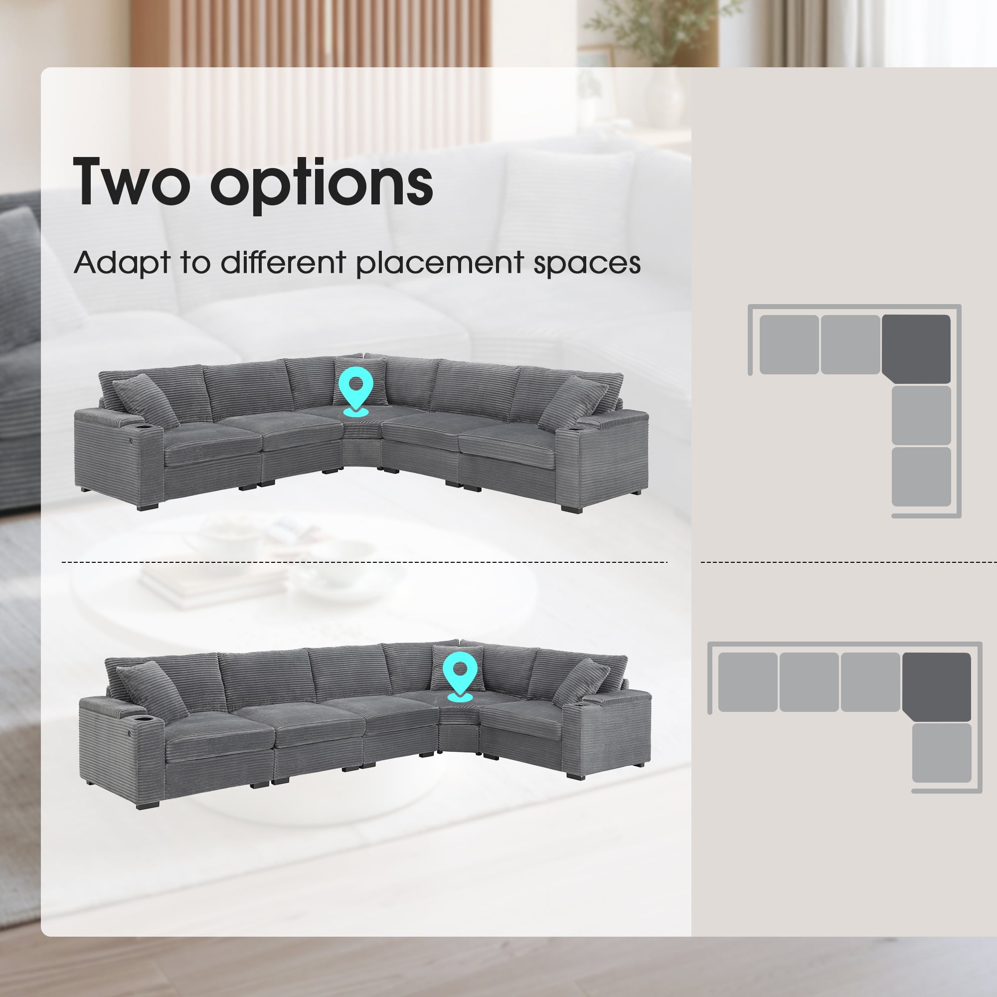 Sectional Sofa, L-Shape Sofa, Convertible Couch, Corner Couch with Armrest Storage and Cup Holders, Corduroy Sofa for Living Room, Gray