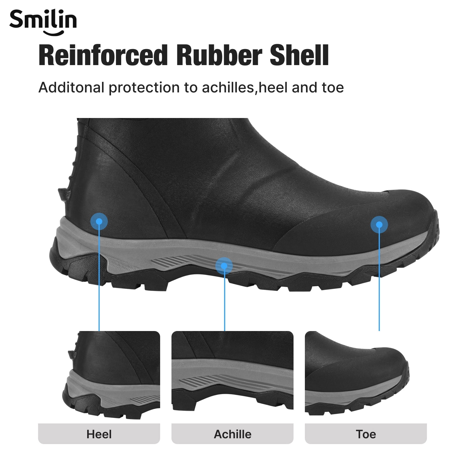 SMILIN Men's Rain Boots, Anti-Slip Ankle Height Outdoor Work Boots for Mud, Snow, Hunting, and All-Season Activities, Black, US Size 10