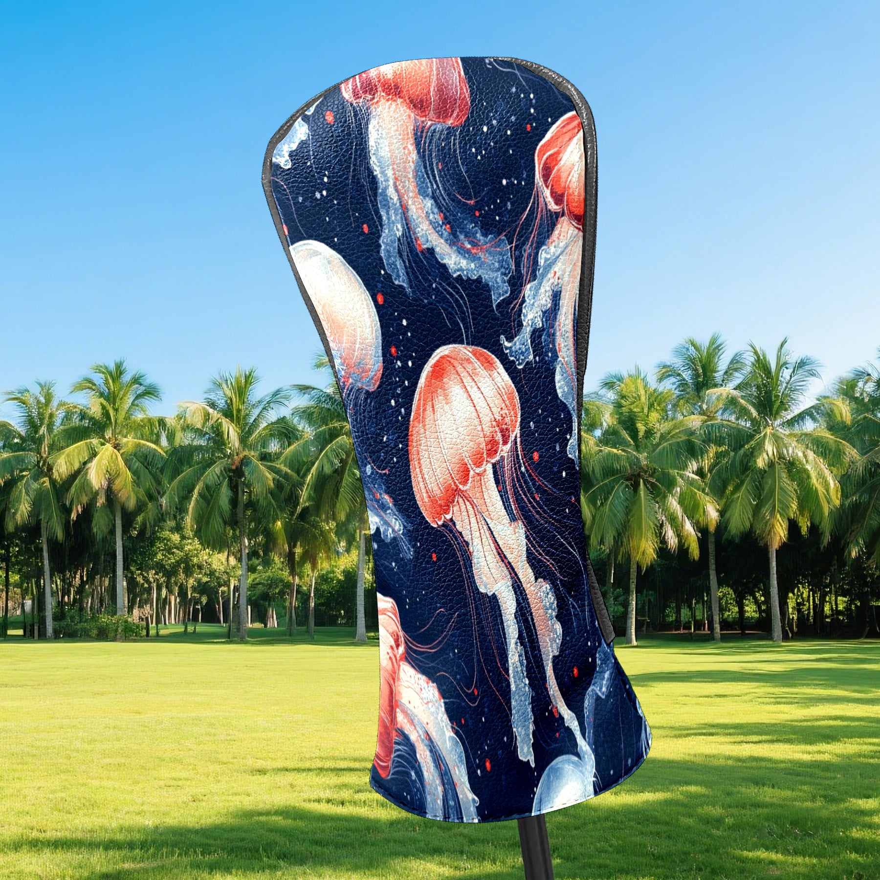 Golf Club Covers PU Leather Waterproof Head Covers for Fairway Woods Hybrids Red Jellyfish