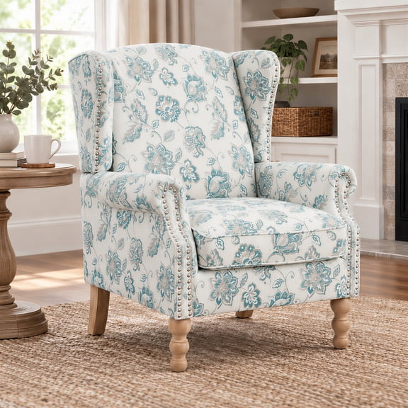 Peispie Modern Wingback Accent Chair with Retro Wood Legs, Upholstered Floral Reading Chair with Nailhead Trim for Living Room Bedroom, Antique Green