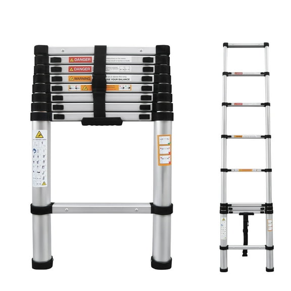 8.5ft Telescoping Ladder Aluminum Extension Ladder Heavy Duty Portable Ladder, 330lbs Load Capacity, 2.4ft Folded Height, with Anti-Slip Rubber Feet Safety Lock Mechanism, for Home, Outdoor