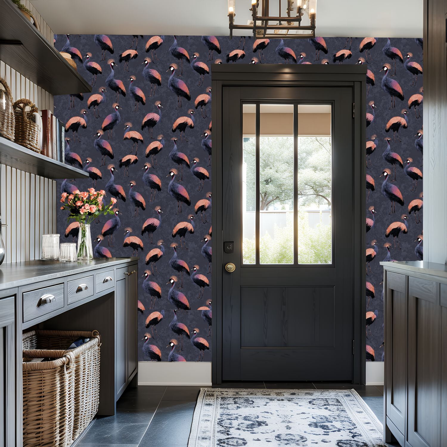 Peel and Stick Wallpaper Tropical Black Crowned Crane Coral Black Wall Mural 17.7in x 9.8ft Self Adhesive Removable Wall Paper Renter Friendly Wallpaper for Nursery Bedroom Cabinets