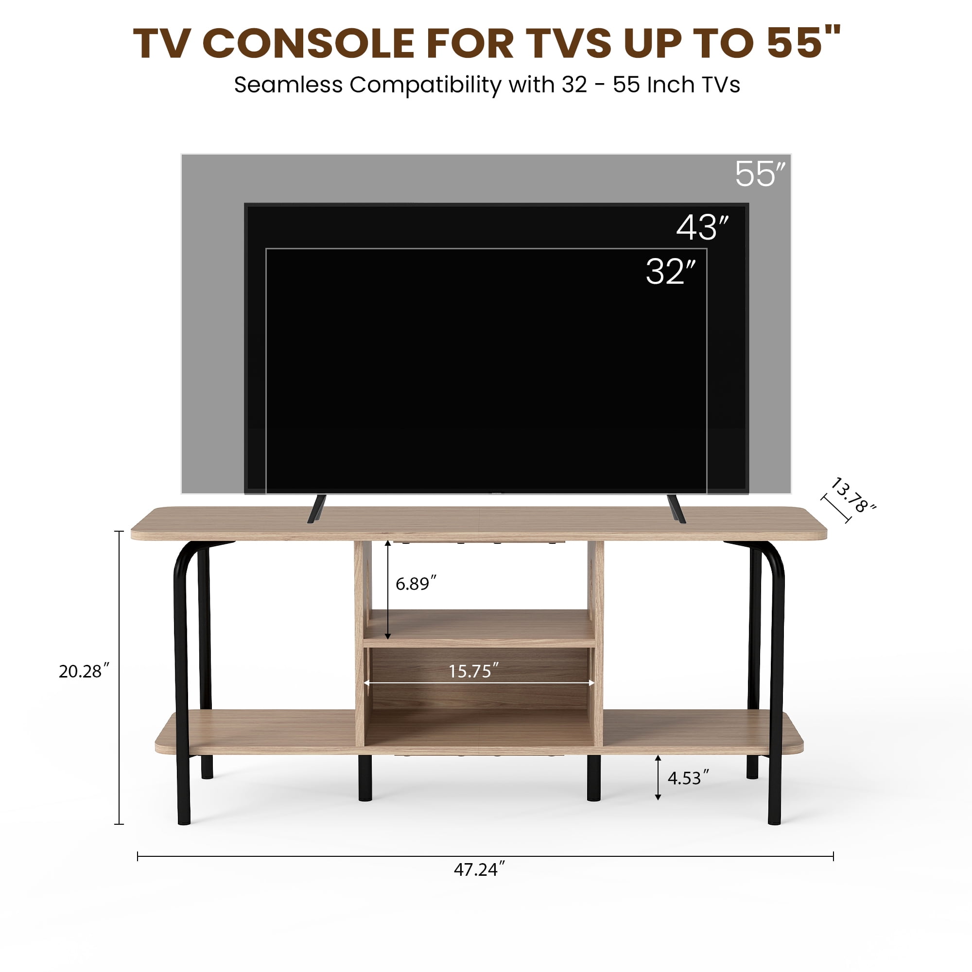 Manxile Mid Century Wooden TV Stand for TVs to 60'' with Open Storage Shelves and Metal Frame, Natural