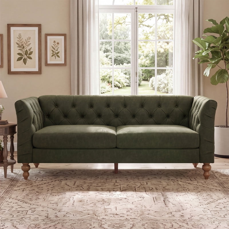 Chesterfield PU Leather 3-Seater Sofa, Upholstered Couch with Flared Arms, Tufted Back & Solid Rubber Wood Legs