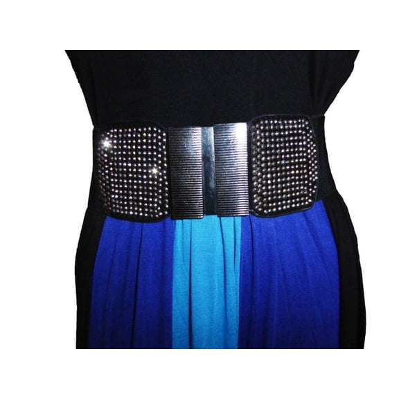 Funfash Belt Black Shimmering Stones Buckle Stretchy Elastic Belt Plus Size