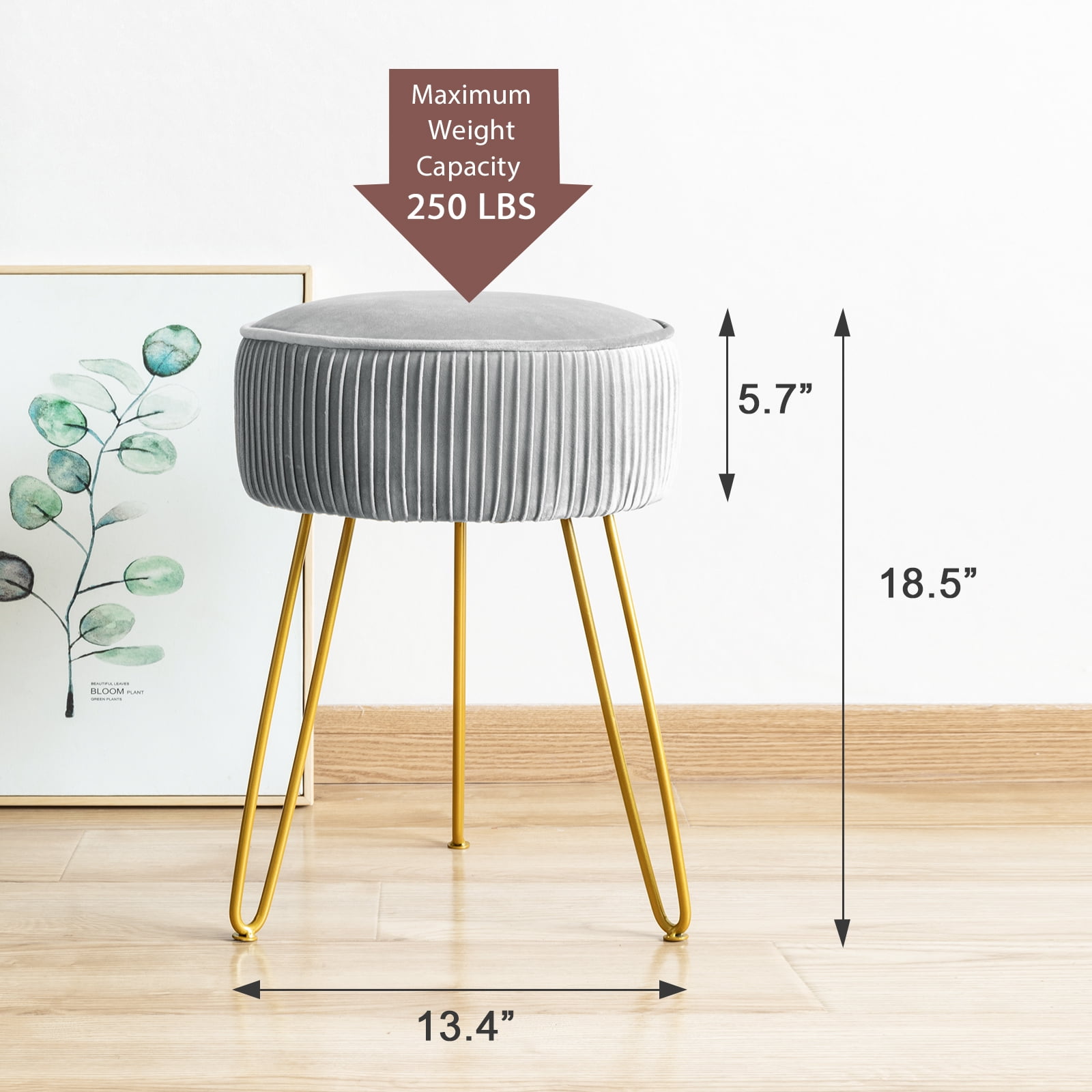 Dycanpo Gray Vanity Stool Vanity Chair with Velvet Upholstered, Metal Legs for Living Room, Adult