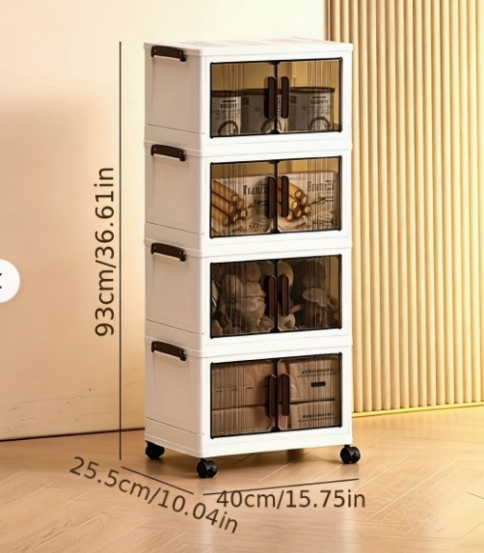 36"H Stackable Storage Cabinet with Doors & Wheels, Adjustable 4 Tier Plastic Organizer Bin for Home, Office, Garage Storage, White