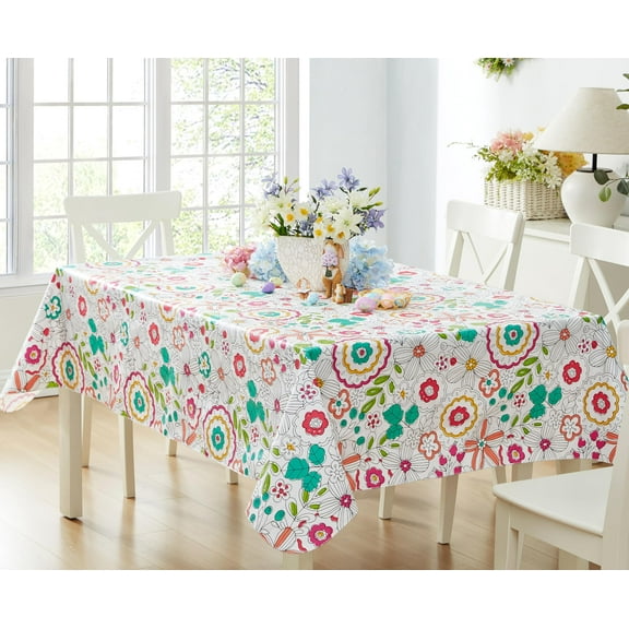Newbridge Shabby Chic Pink and Green Lily 52 x 52 inch Square Vinyl Tablecloth with Flannel Backing