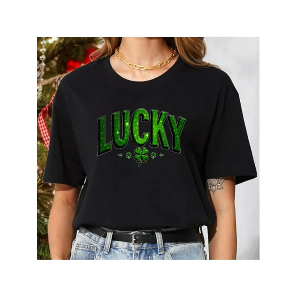 1pc Printed with Green Lucky Clover, short-sleeved T-shirt with printed pattern elements, fashionable casual simple style short-sleeved, can be worn in all seasons, St. Patrick's Day, Easter, gift fo