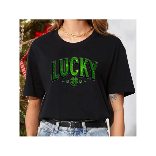 1pc Printed with Green Lucky Clover, short-sleeved T-shirt with printed pattern elements, fashionablCamisetas de verano para mujer, manga corta, cuello redondo, casual, lindo, con gráficos, camisetas