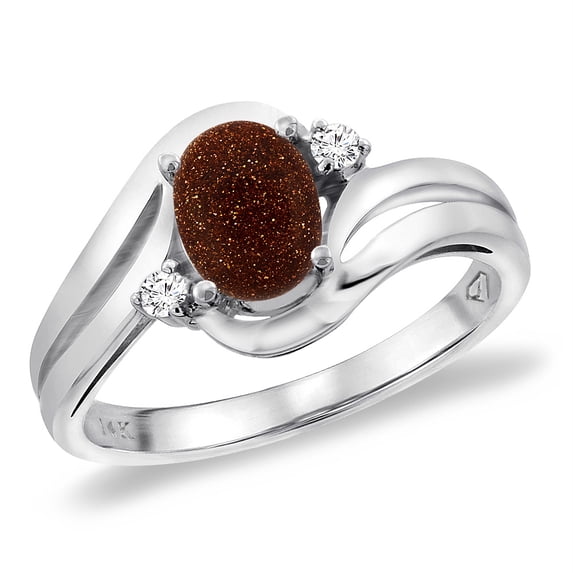 14K White Gold Diamond Natural Goldstone Bypass Engagement Ring Oval 8x6 mm, size 9