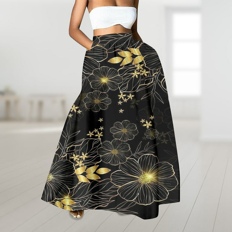 RYKJLWY Linen Skirts for Women Women Floral Print Skirt High Waist Party Beach Pocket Long Maxi Skirt Summer Skirt Linen Skirts for Women Yellow S Walmart