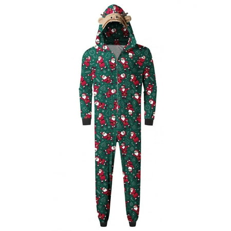 

Matching Christmas Family Pajamas Long Sleeve Elk Antler Hooded Romper Holiday Jumpsuits Adult Kids