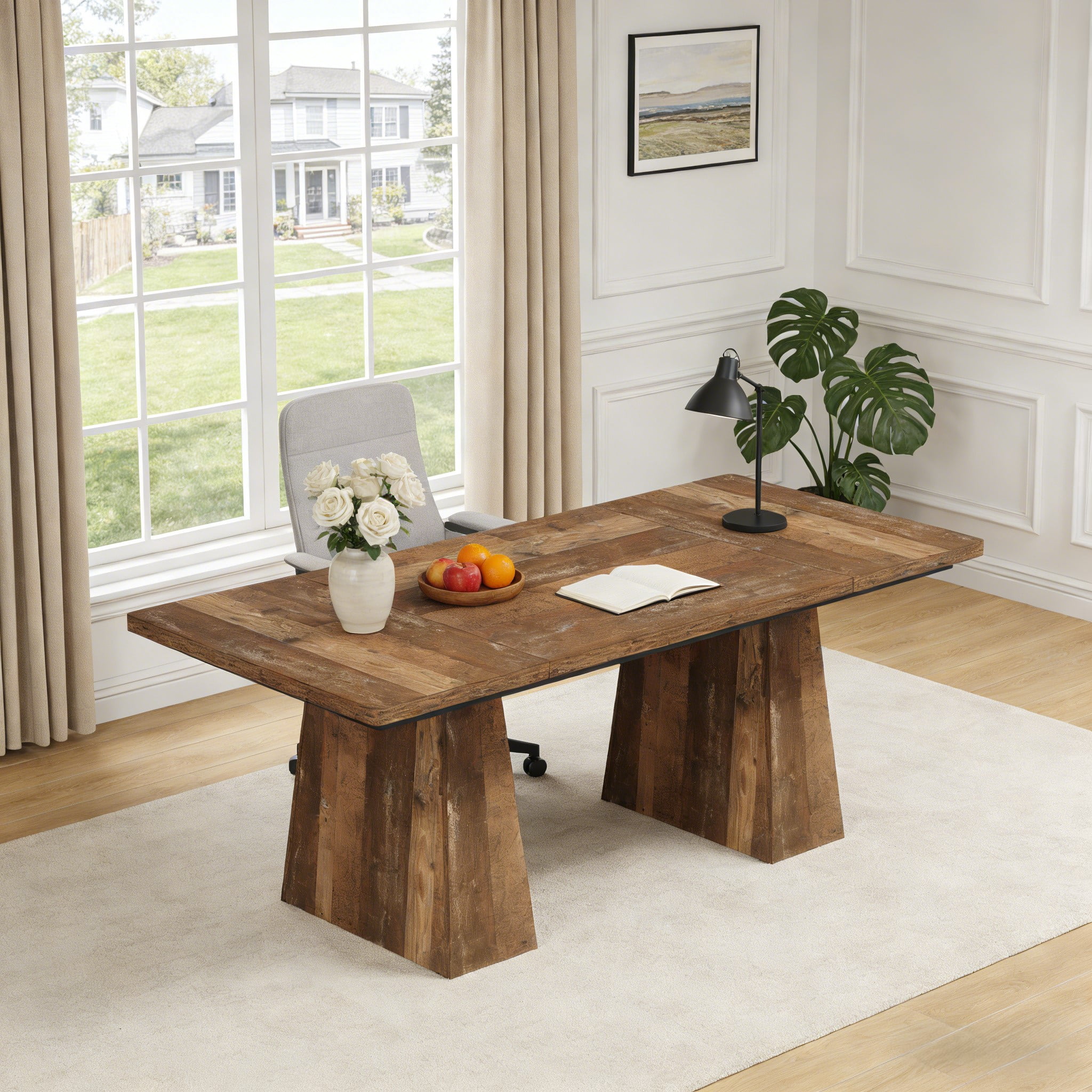 Fnova 63" Home Office Computer Desk, Brownish-Yellow Modern Executive Desk, Writing Desk, Easy to Assemble