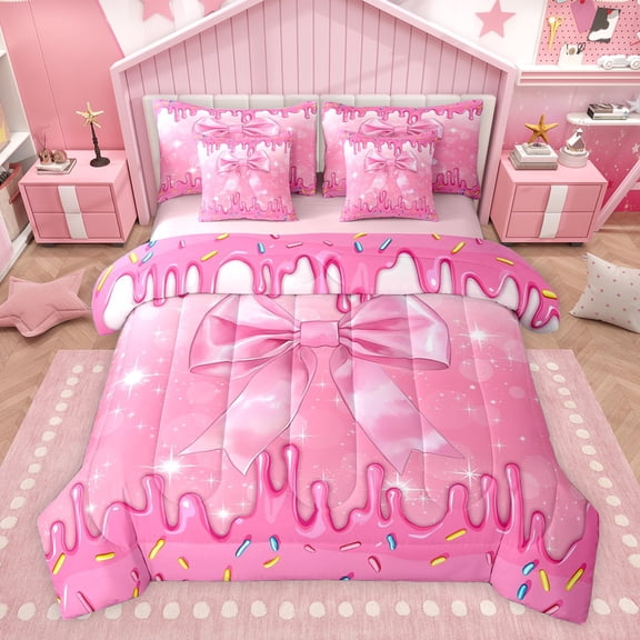 jejeloiu Kawaii Cartoon Bow 7-Piece Twin Bedding Sets,Pink Ice Cream Pattern Bedding Comforter Set For Girl Kids Reversible
