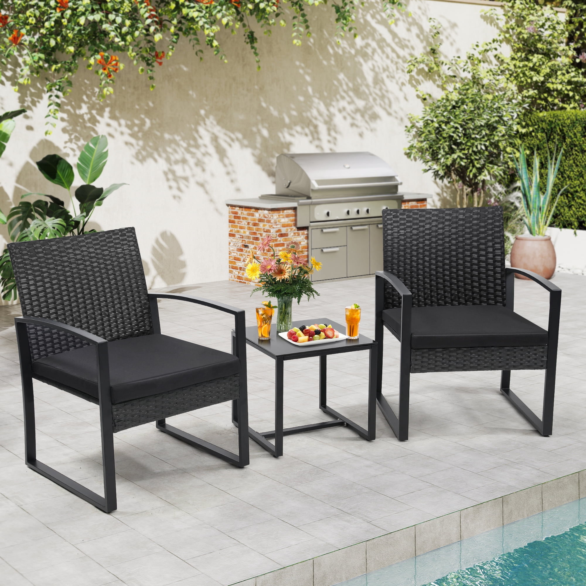 TUAREX 3-Piece Rattan Patio Furniture Set, All-Weather Wicker Bistro Set with Coffee Table and Cushioned Chairs for Garden, Yard, Balcony, Black