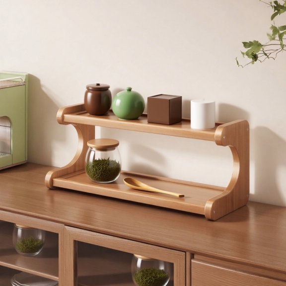 Desktop Wood Storage Shelf | Double Layer Organizer Rack | Khaki Finish | Bookshelf | Kitchen & Office Supplies | Space Saving | 30x15x18cm | Durable & Elegant Design | Multi-Purpose | Easy Assembly