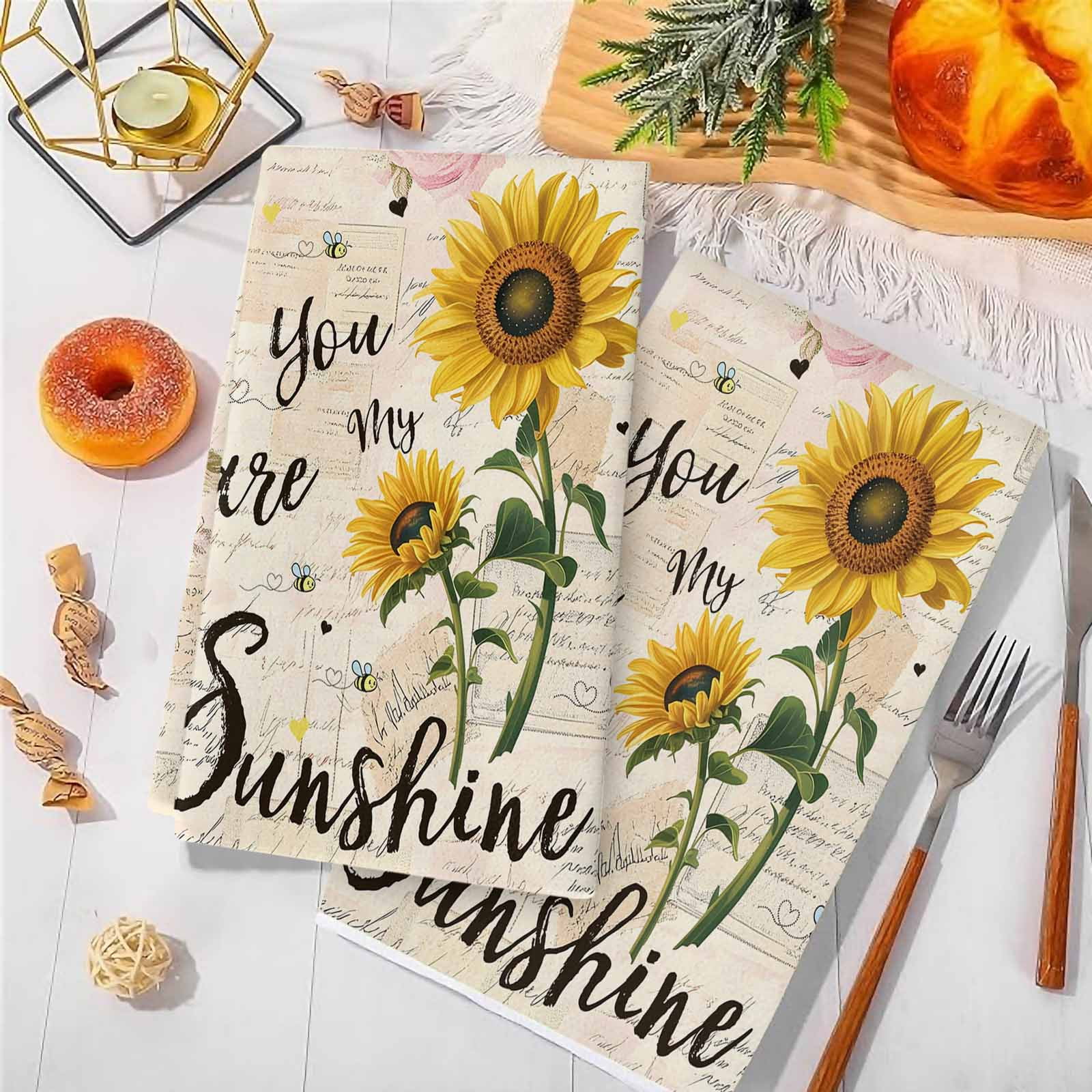 Dish Towels, Bee Sunflower Absorbent Kitchen Towels 2 PCS, Vintage You Are My Sunshine Microfiber Hand Towels Dish Cloths Tea Towels for Home&nbsp;Bathroom Cleaning Drying,18X28-Inch,