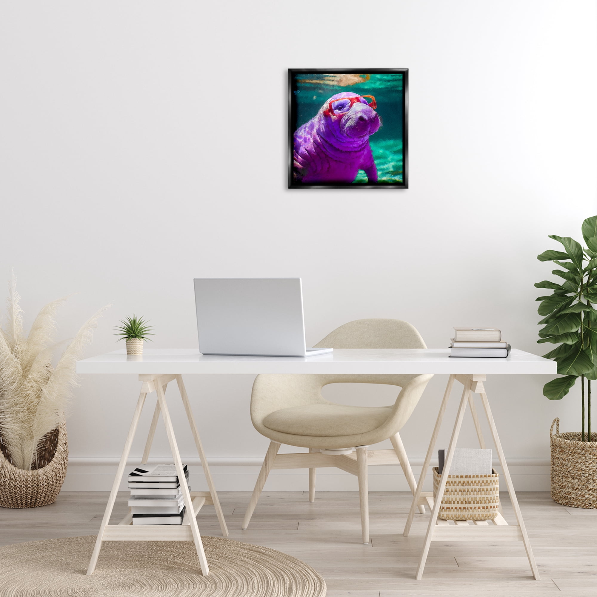 Stupell Industries Manatee with Glasses Animals & Insects Painting Black Floater Framed Canvas Art Print Wall Art, 18 x 18