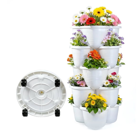 JF HANDE Plant Tower with 5 Stackable Levels, Vertical Garden for Strawberries, Herbs & Vegetables, Space Saving up to 10 Plants, White