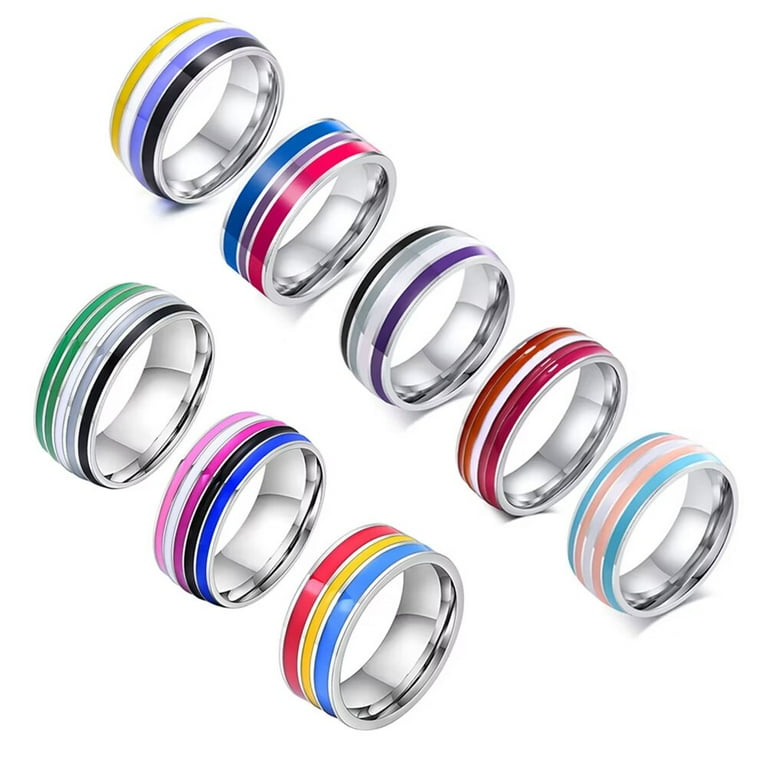 PAURO Men 8mm Stainless Steel Enamel Rainbow LGBT Pride Ring for