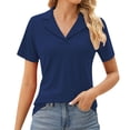 thumbnail image 4 of Womens Solid Color Short Sleeve Lapel Collar Shirt,Breathable V-Neck Blouse with Sun Protection,Lightweight Casual Top for Work Office,Summer Vacation, Daily Wear,Comfortable Casual Shirt Dark Blue, 4 of 7