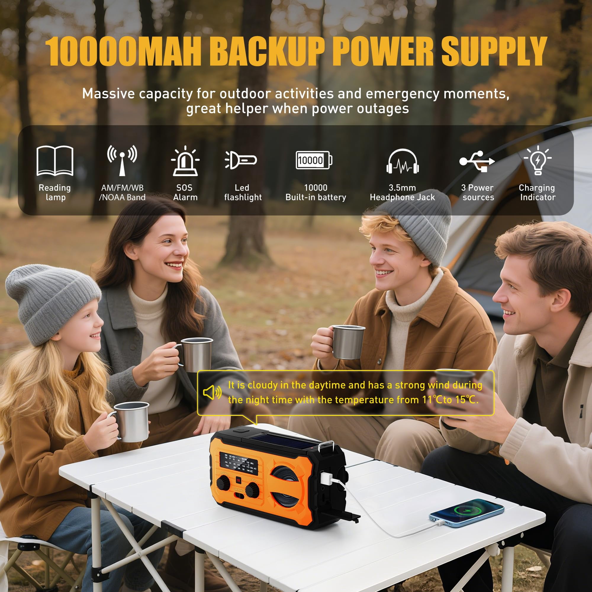 Hand Crank Emergency Radio  10000mah Weather With Am/fm/noaa Solar Prower Sos Alarm Phone Charging Led Flashlight Portable Gear For Outdoor & Home Emergencies Kits Orange