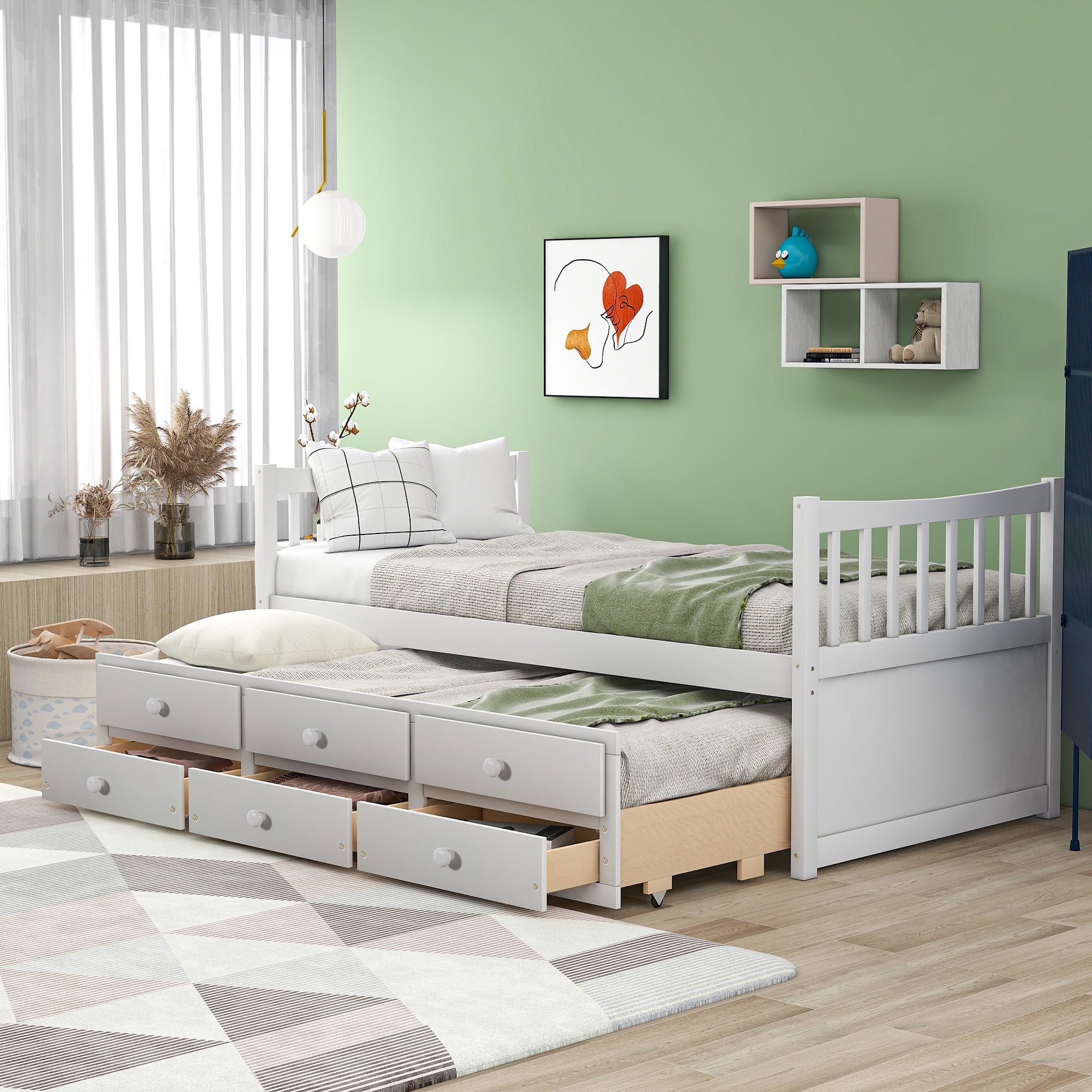 Contemporary Trundle Bed, Twin Bed Frame With Trundle And Storage