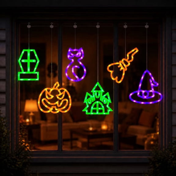 6 USB LED Halloween Window Lights, Coffin, Pumpkin, Cat, Haunted House, Broom and Witch Hat Hanging Decor with Hooks for Indoor Parties