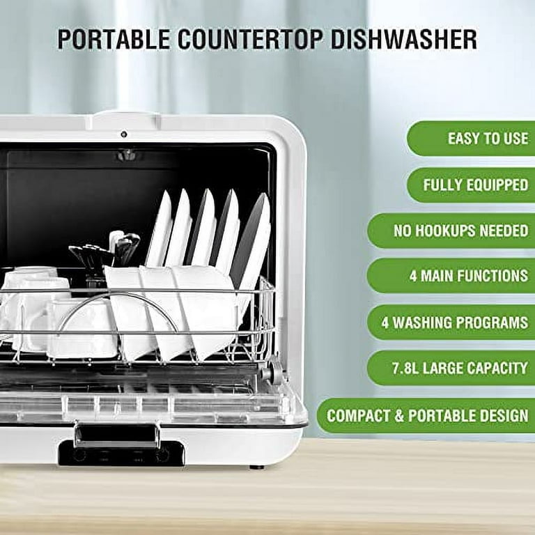 KARLXTOM Portable Countertop Dishwashers, Compact Mini Dishwasher Machine  with 5L Built-in Water Tank & Inlet Hose, 5 Programs, White/Black