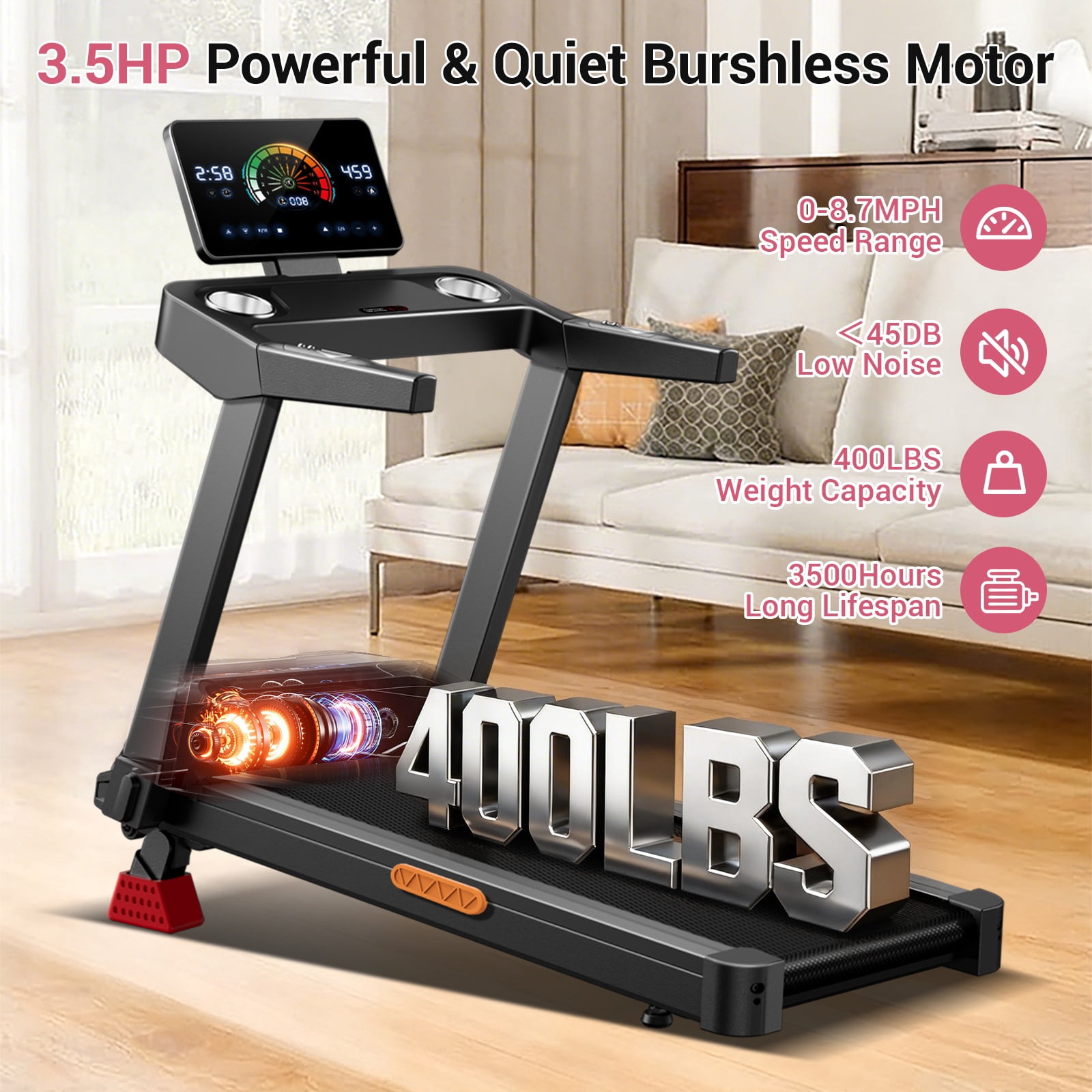 SONITU 20% Manual Incline Treadmill for Home, Foldable 3.5 HP Motor Running Machine, 400 lbs Capacity