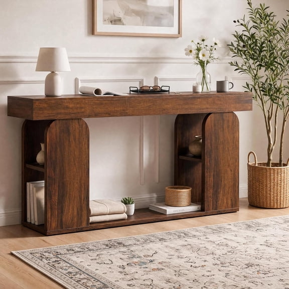 70.9" Extra Long Console Table with Open Side Storage and Bottom Shelf, Narrow Entryway Sofa Table for Hallway, Foyer, Living Room, Walnut