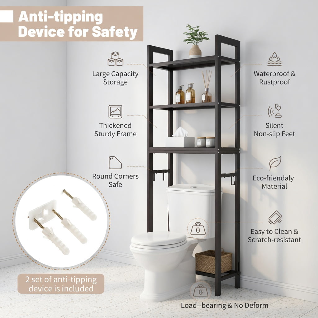 Hommoo Over-the-Toilet Storage Shelf, Heavy-Duty Metal Bathroom Organizer with 3-Tier Shelves & 3 Hooks, Space-Saving Design for Towels, Toiletries & Cosmetics, Brown