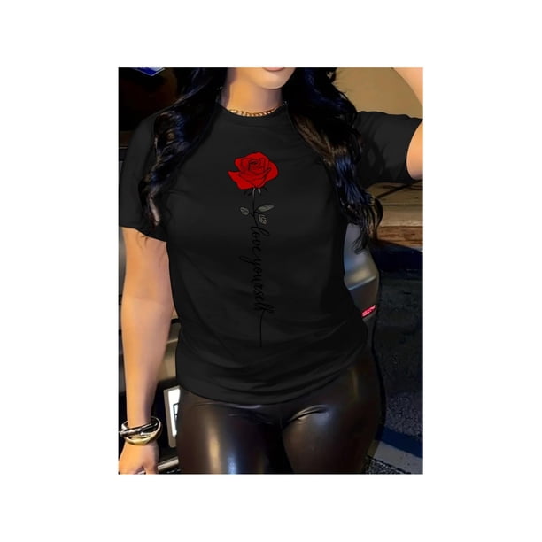 Women's Soft T-Shirt with elegant Rose Print - Comfortable, Casual Short Sleeve Tee for Daily Wear and Lounging