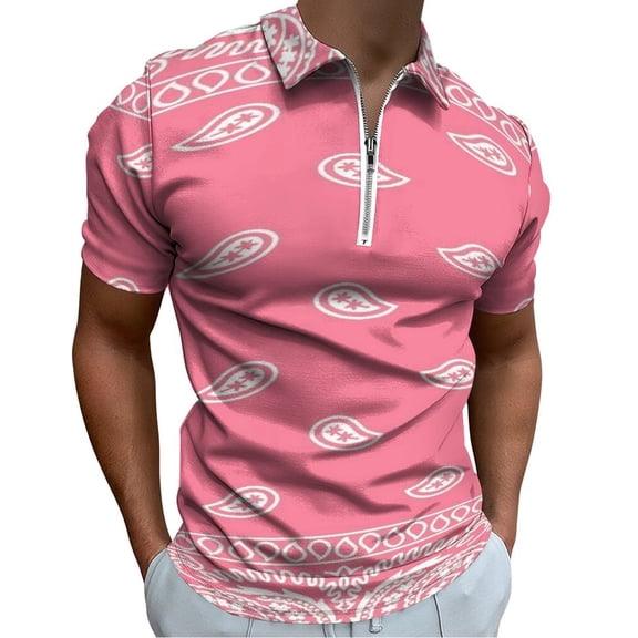 Pink Paisley Bandana Pattern Men Zipper T-shirt Summer Casual Short Sleeve T-shirt Top