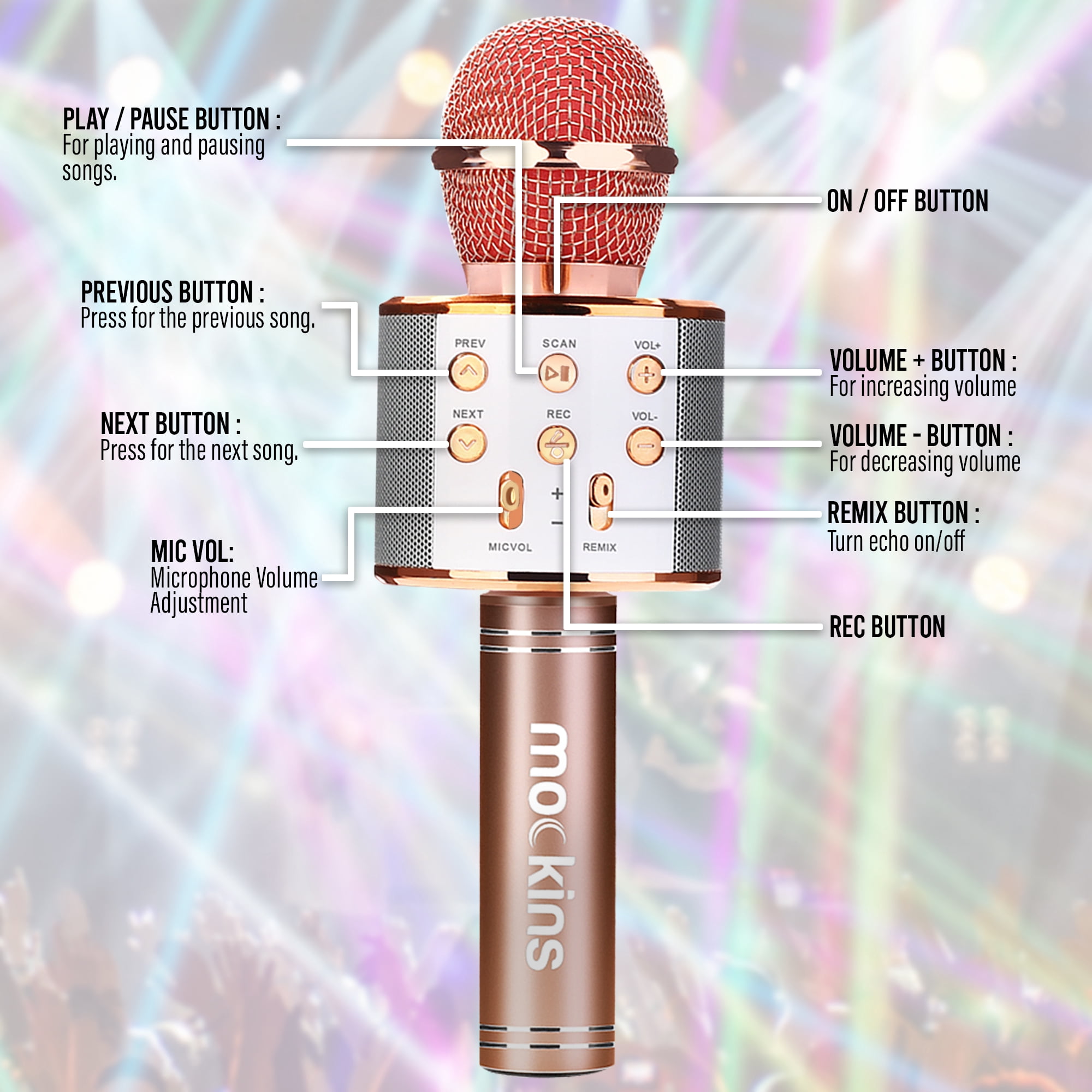 Mockins Rose Gold Handheld Singing Microphones | 2-Pack | Bluetooth Speakers