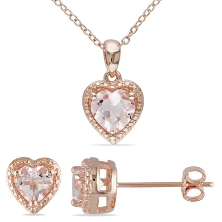 Tangelo 2-3/8 Carat T.G.W. Morganite Rose Rhodium-Plated Sterling Silver Heart Earrings and Pendant Set