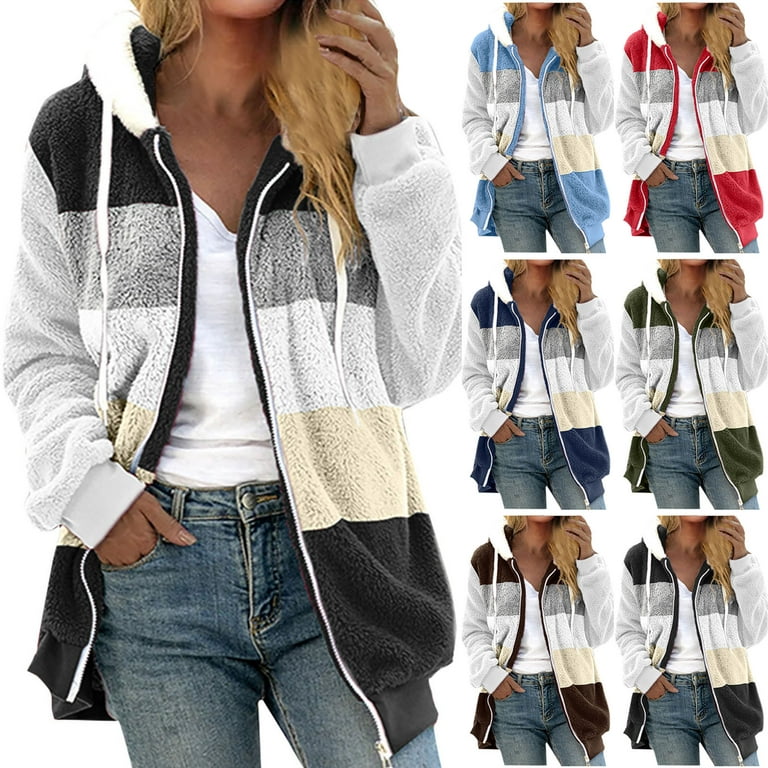 Womens Sherpa Fleece Lined Hoodie Jackets Zip Up Warm Winter Fluffy Fleece  Coat Color Block Thermal Sweatshirt Outerwear