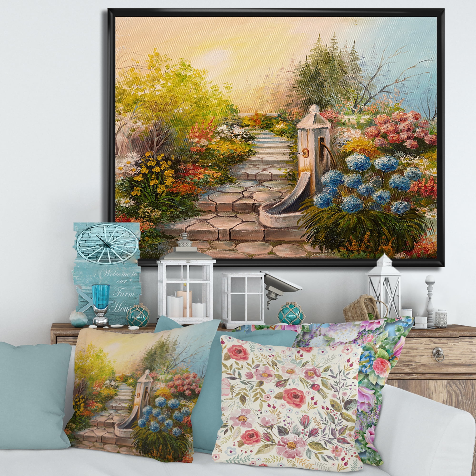 Designart 'Stone Stairs In The Blossoming Flowers Forest' Traditional Framed Canvas Wall Art Print