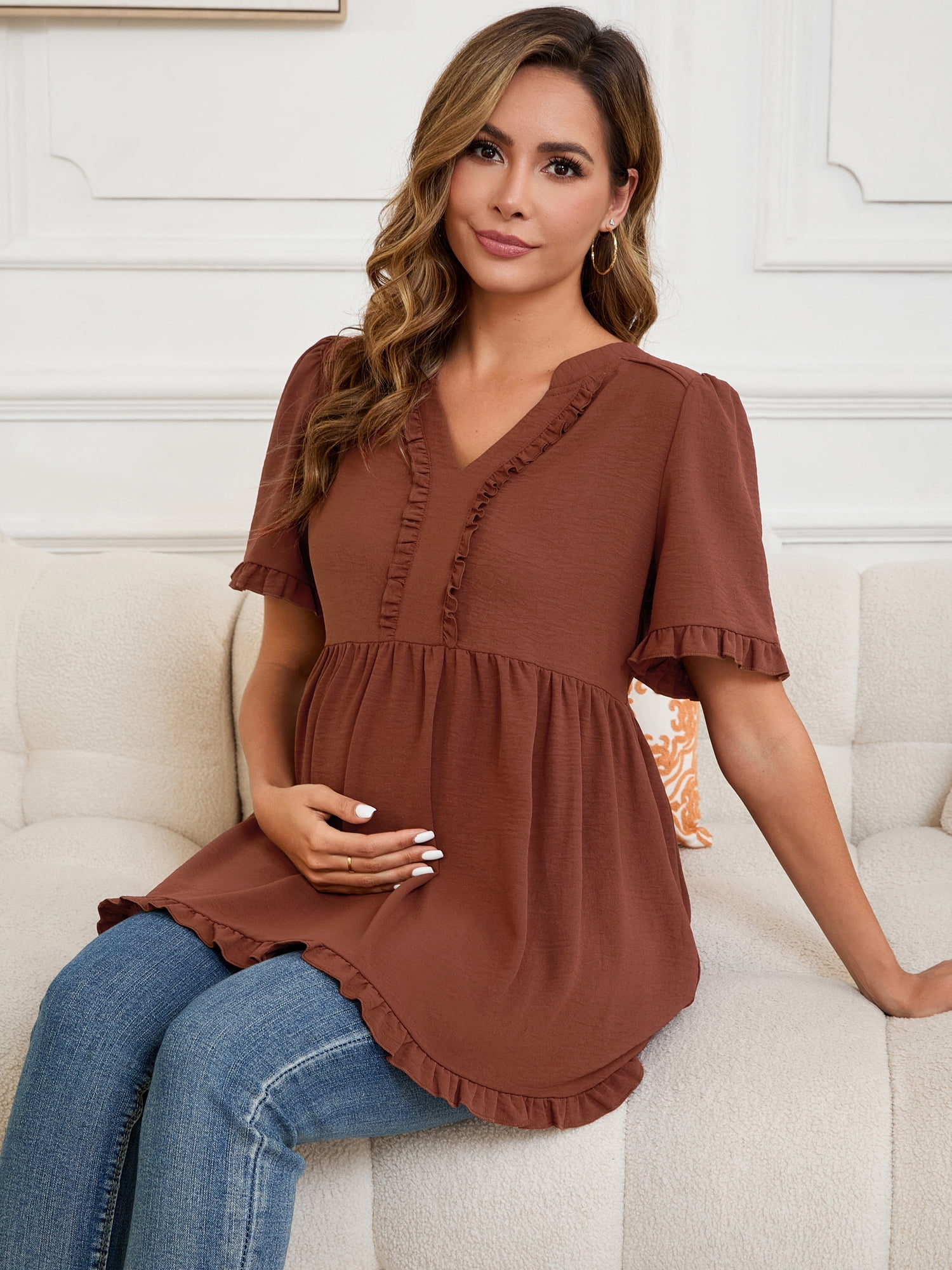 DARING DIVA Women's Boho Ruffled V Neck Short Sleeve Maternity Tops L Brown