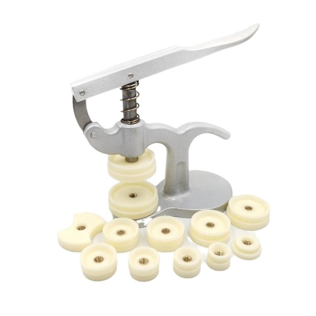 Herramienta de reparación de relojes Yuxing Prensador de caja de reloj con 12 piezas de troqueles color beige plateado